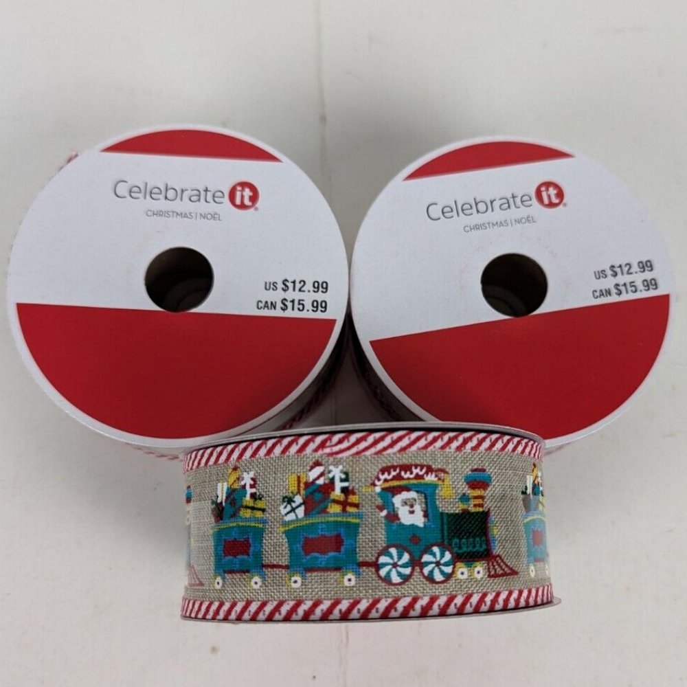 Santa Christmas Train Wired‎ Holiday Ribbon 1.5 In x 30 Ft Celebrate It Lot of 3